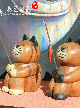 泰国实木创意东南亚风格小猫钓鱼木雕家居客厅架小猫咪
