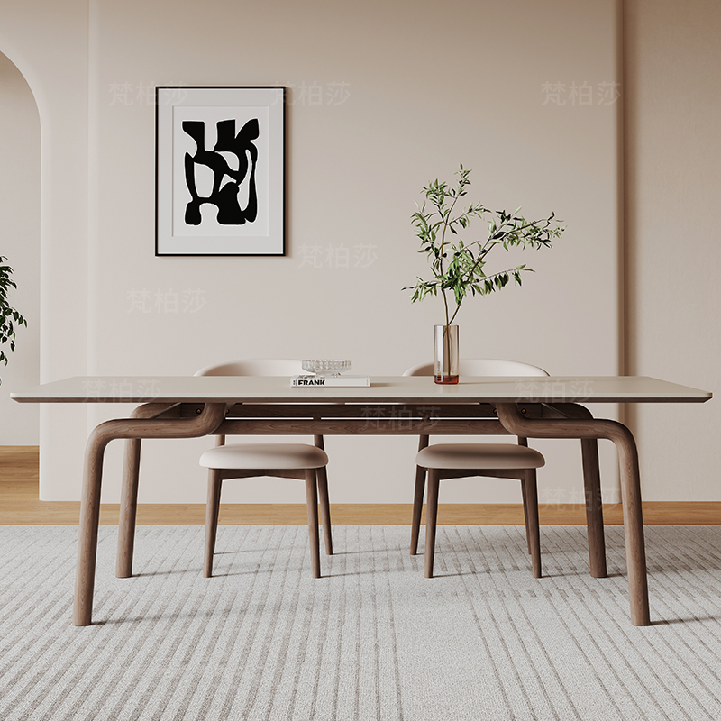 现代奶油风岩板餐桌实木长方形奶白色岩板白蜡木桌椅