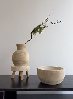 仿古实木水果盘装饰盆木质托盘色木盆民宿复古花瓶高级感摆件