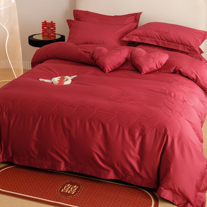 高端爱心婚庆140S长绒棉四件套纯棉全棉结婚新婚房贡缎简约床单款