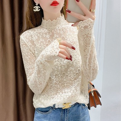 纯棉蕾丝打底衫女2024新款秋冬洋气半高领毛衣内搭中领上衣高级感