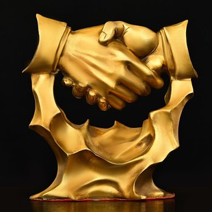 纯铜合作共赢握手摆件 商务工艺礼品 办公室酒店公司乔迁开业送礼
