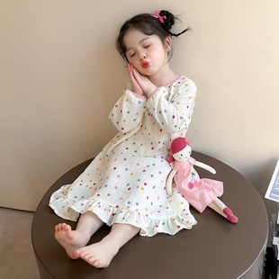 2025新款女童睡裙纯棉纱布女宝宝长袖儿童睡衣女孩春秋公主家居裙