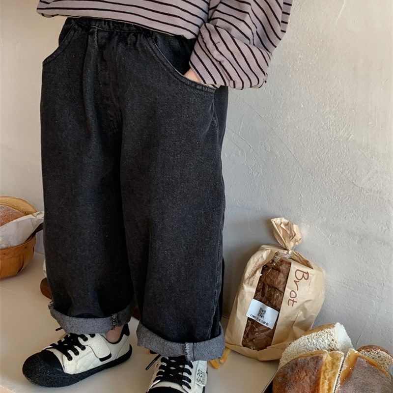 暮晨家新款秋装2023男童纯黑色棉质牛仔裤中小童宽松直筒裤阔腿裤