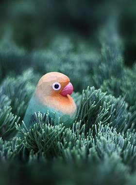 鹿妖商店 肥啾木雕小鸟 绿牡丹鹦鹉 黄桃牡丹鹦鹉 纯手工实木摆件