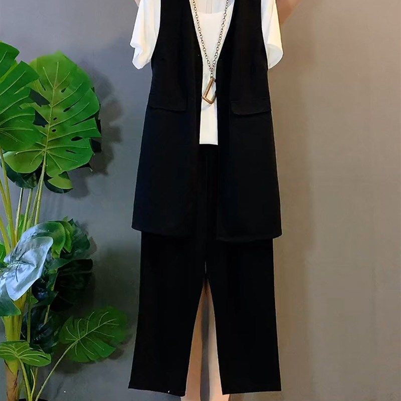 胖mm春夏款中长款马夹直筒休闲裤子短袖t恤打底衫三件套大码女装,女装/女士精品,大码套装,淘宝优惠券,粉丝福利购,淘宝优惠卷