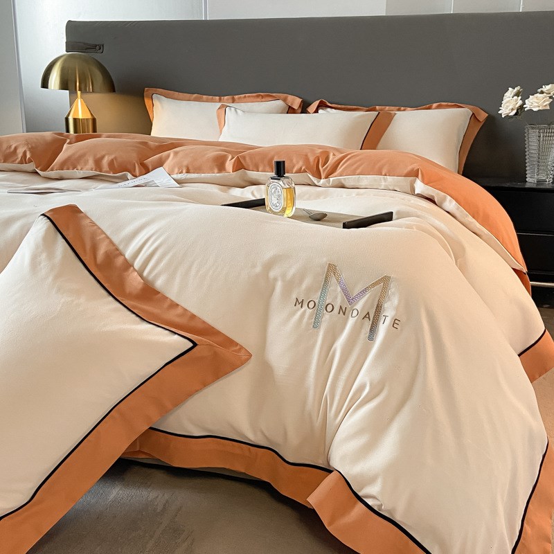 简约纯色磨毛亲肤棉床上四件套字母刺绣床单宽边被套枕套1.5/8m