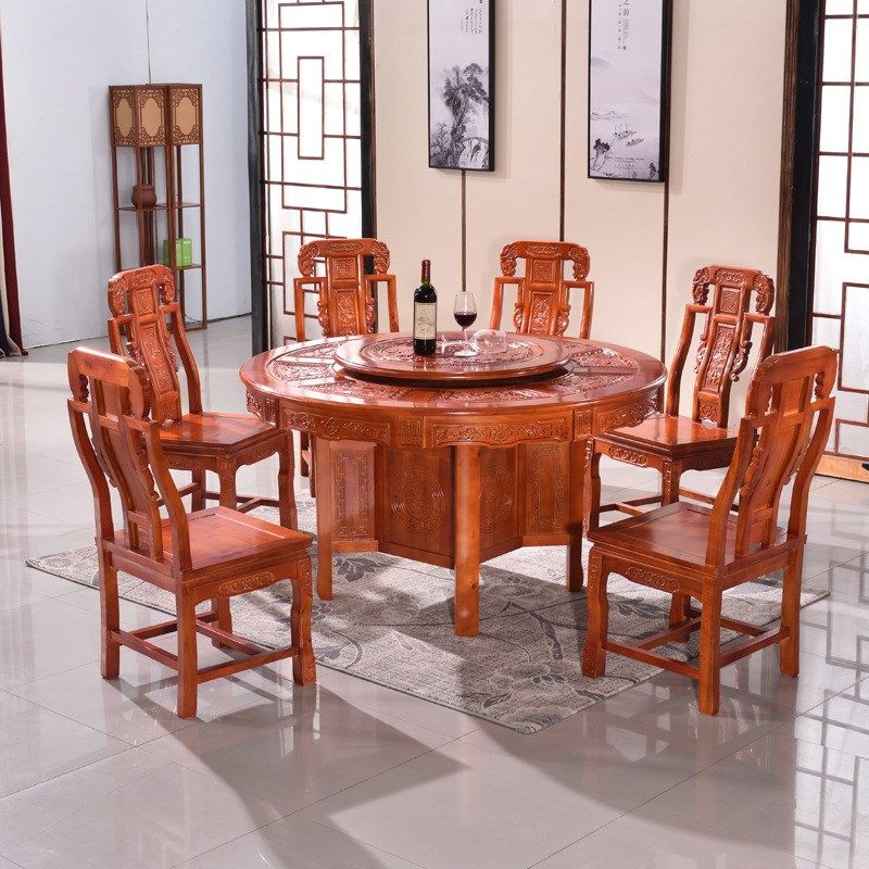 全实木中式餐桌椅组合带转盘大圆桌家用饭桌子橡木仿古雕花圆餐桌