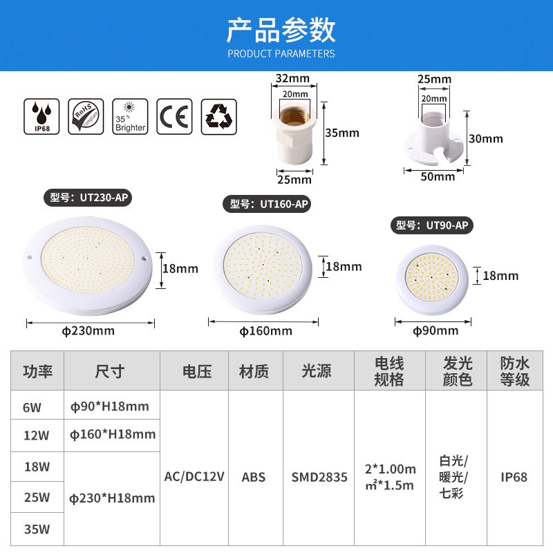 新款RGB套管式泳池灯PC水下灯  防水DC通用无线全灌胶IP68