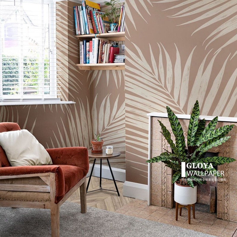 时尚棕榈叶墙纸现代芭蕉叶壁纸客厅卧室暖色墙布餐厅定制壁画