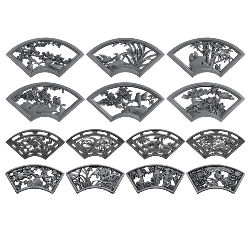 扇形镂空窗花砖雕中m式仿古庭院影壁墙装饰挂件四合院围墙照壁浮