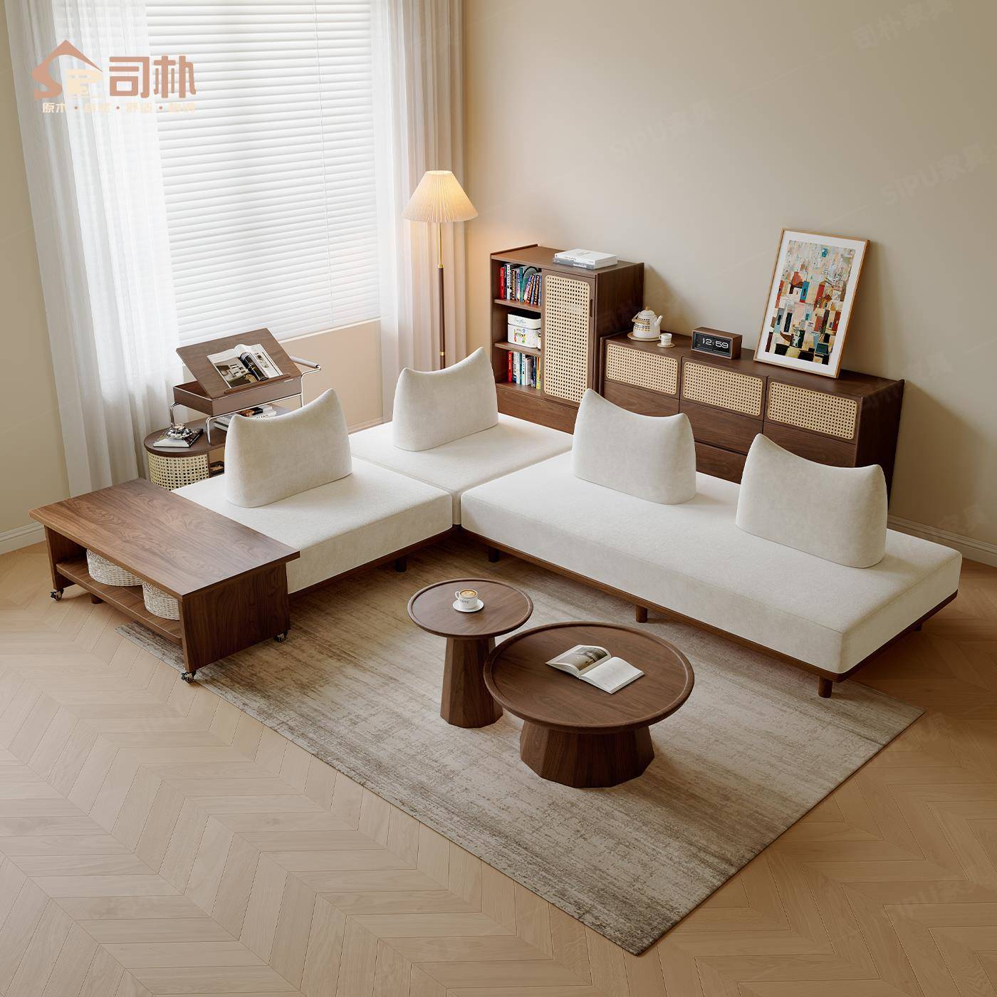 需定制司朴侘寂风客厅榻榻米地台沙发中古风胡桃色不倒翁民宿酒店