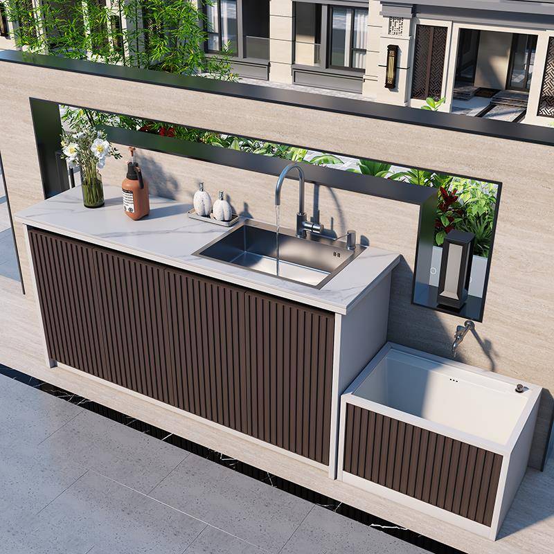 需定制户外庭院洗手台盆一体室外露台铝合金岩板操作台花园水池槽