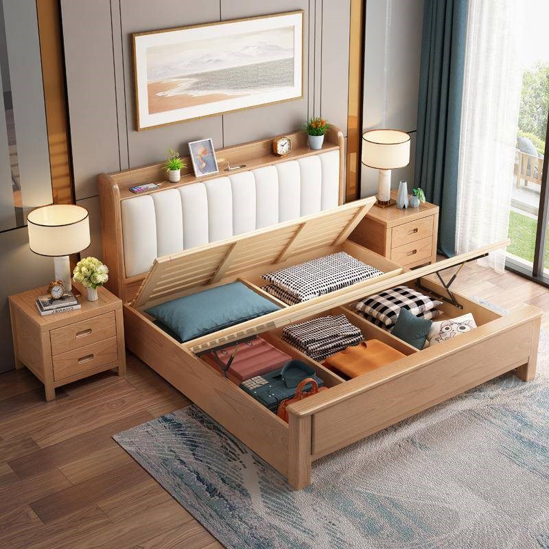 北欧榉木实木床双人大床1.5米1.8米单人床婚床大床卧X室家用储物