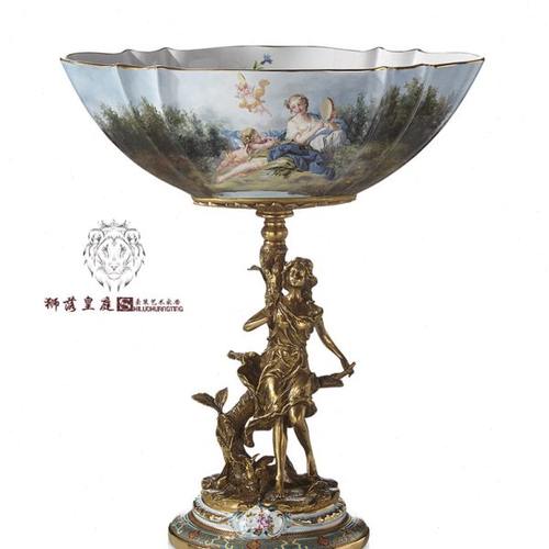 狮落皇庭高端奢华欧式装饰高脚果盘纯手工彩绘陶瓷艺术铜饰品摆件