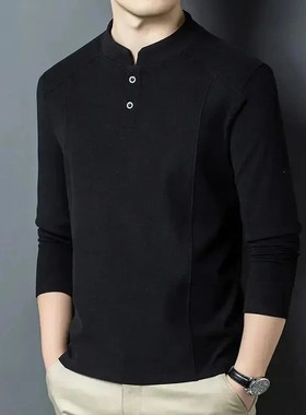 澳门大叔严选秋冬季双I面德绒打底衫男士亨利领潮流百搭长袖T恤立