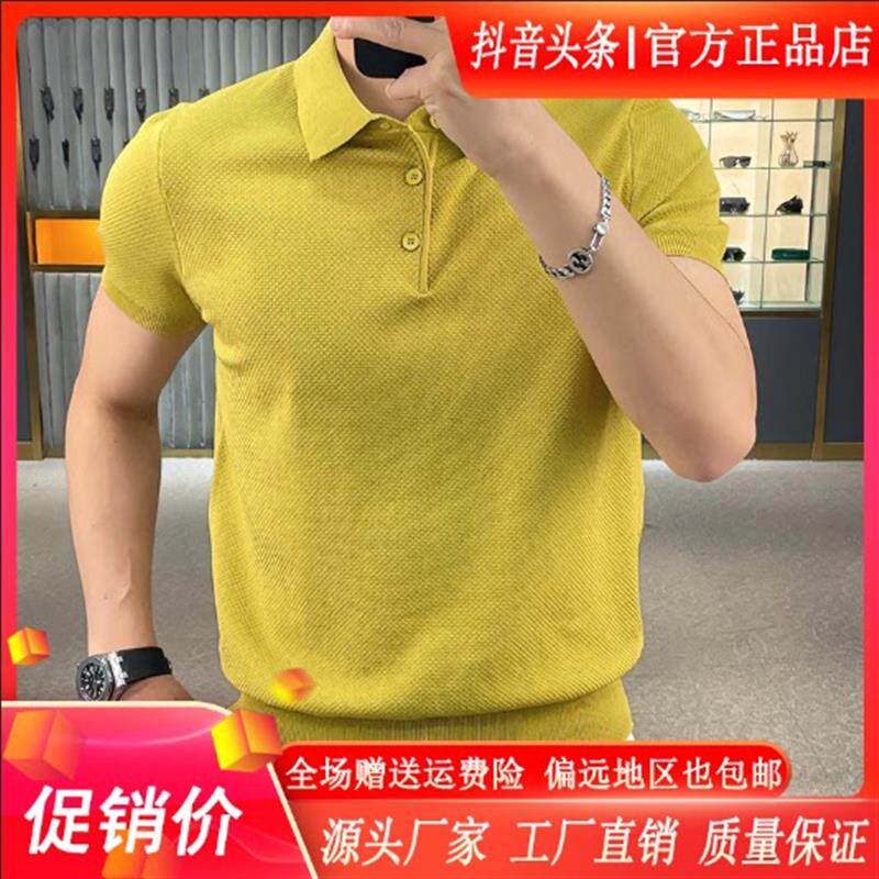 聚禾轻奢男装专柜菠萝纹小翻领夏纯色短袖半袖商务男士薄款polo衫