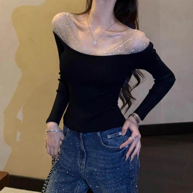 沫倾言磨毛加厚重工烫钻一字肩长袖T恤女秋冬新款显瘦露肩上衣潮,孕妇装/孕产妇用品/营养,针织衫,淘宝优惠券,粉丝福利购,淘宝优惠卷