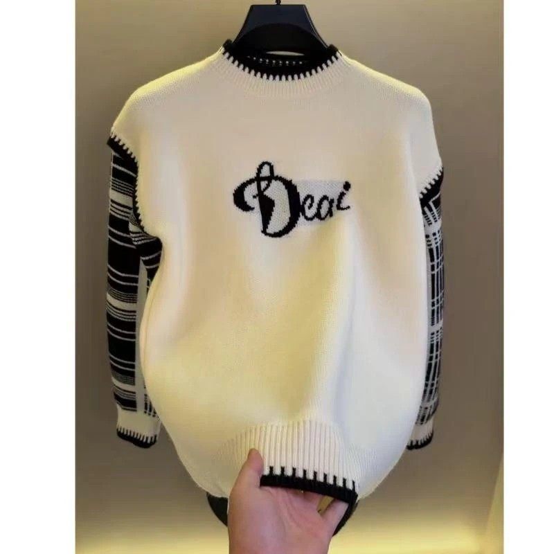 IT轻奢男士秋季高档圆领拼接提花毛衣保暖时尚G潮流内搭打底衫男