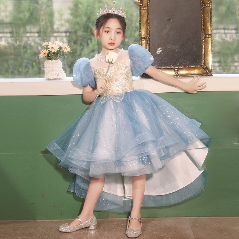 儿童礼服蓝色女童生日走秀高端公主裙花童小主持人钢琴演出服夏季