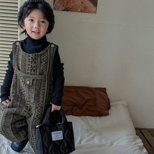 暮晨家新款冬装23男童加绒宽松背带裤中小童森系加厚休闲裤阔腿裤