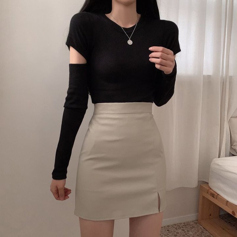 黑色包臀皮裙pu皮半身裙女小个子秋冬2024新款超高腰开叉短裙冬裙