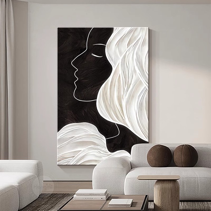 黑白玄关装饰画大幅人物艺术线条走廊过道客厅挂画高级感抽象壁画图片