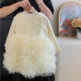 女童连衣裙2024秋冬季紫色粉色网纱公主裙蓬蓬裙加绒打底衫礼服裙