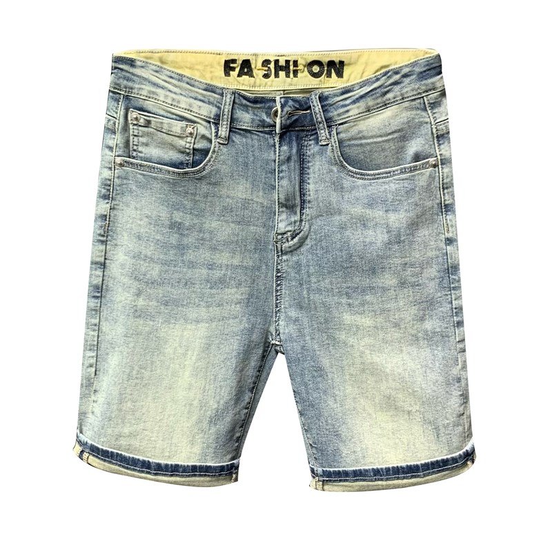 夏季牛仔短裤男薄款浅蓝色复古修身中裤简约弹力休闲百搭五分裤子