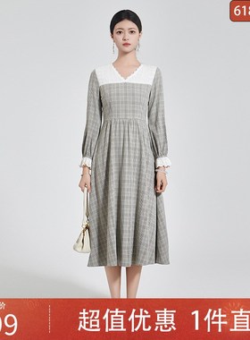 固执新款女复古v领花边拼接高腰格子连衣裙40201LQ05122