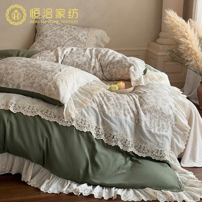 法式碎花少女心双层纱全棉四件套纯棉浪漫蕾丝新款被套床品绿色