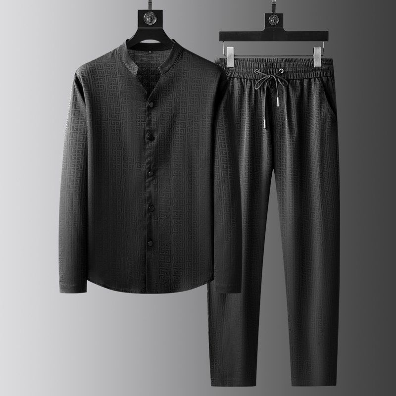 2024年春季新款休闲套装男士长袖时尚提花衬衫开衫薄款丝滑两件套,男装,休闲运动套装,淘宝优惠券,粉丝福利购,淘宝优惠卷