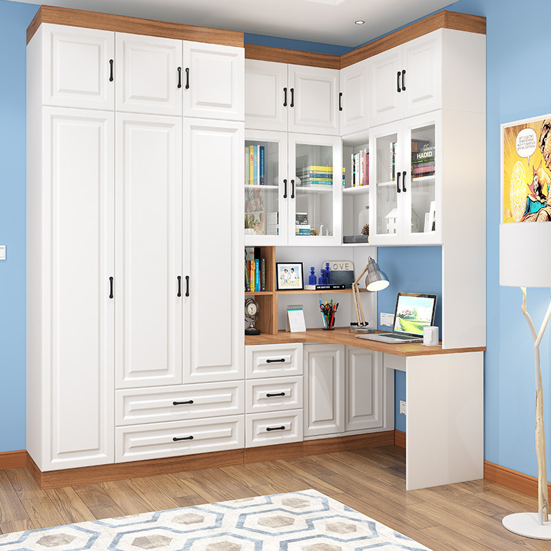 转角书柜电脑桌 儿童书桌连体组合衣柜 书架学习桌一体储物柜桌子