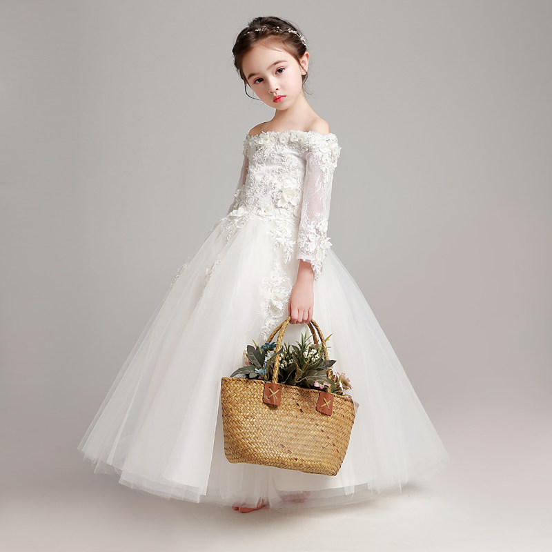 儿童晚礼服公主裙女童生日婚纱一字肩长袖款花童蓬蓬裙白色高端季