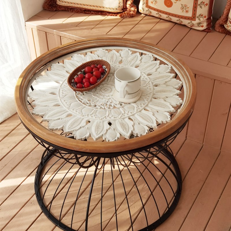 美式乡村客厅沙发边几铁艺角几实木雕花复古圆形桌子小茶几咖啡桌