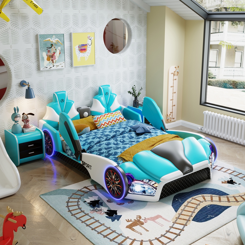 儿童床男孩单人床实木护栏床女孩公主卡通床小孩卧室创意汽车皮床