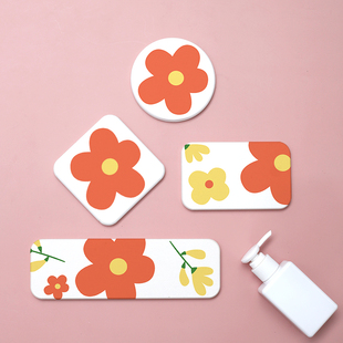 卡通花朵硅藻泥吸水垫卫生间洗漱台垫套装皂垫杯垫防滑硅藻土脚垫