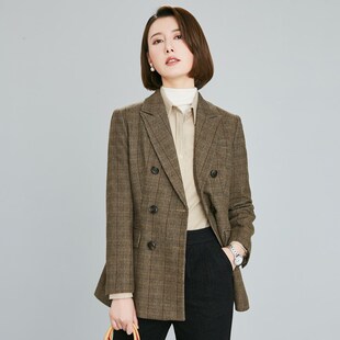 浅咖色格子西装外套女春秋羊毛西服英伦风复古职业气质高端上衣