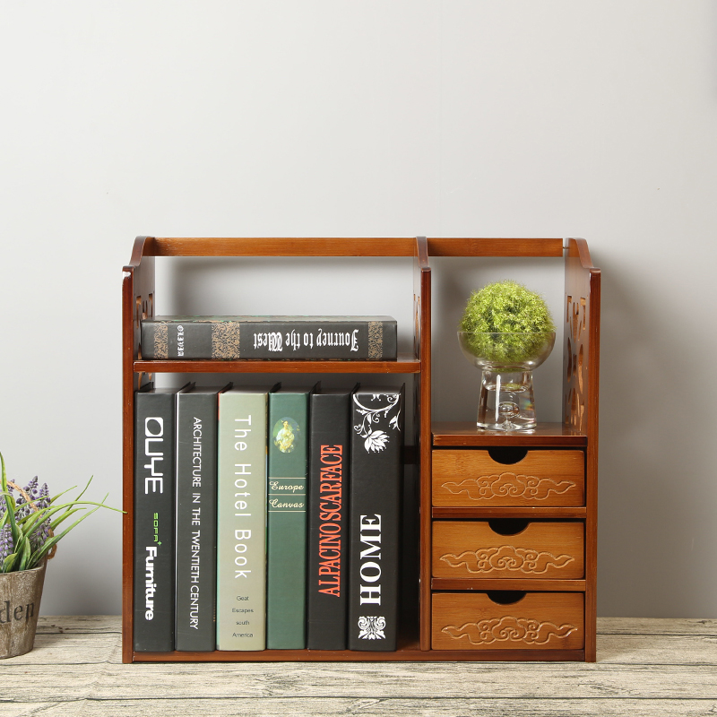 两三层桌面书架置物架实木简易创意书柜桌上书架竹制小书架包邮