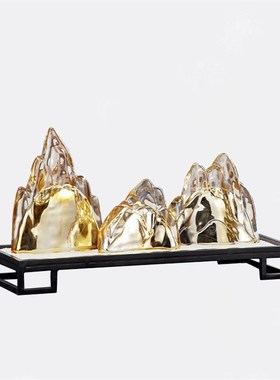 新中式创意玻璃假山沙盘金属摆件样板房酒店玄关客厅大堂禅意配饰