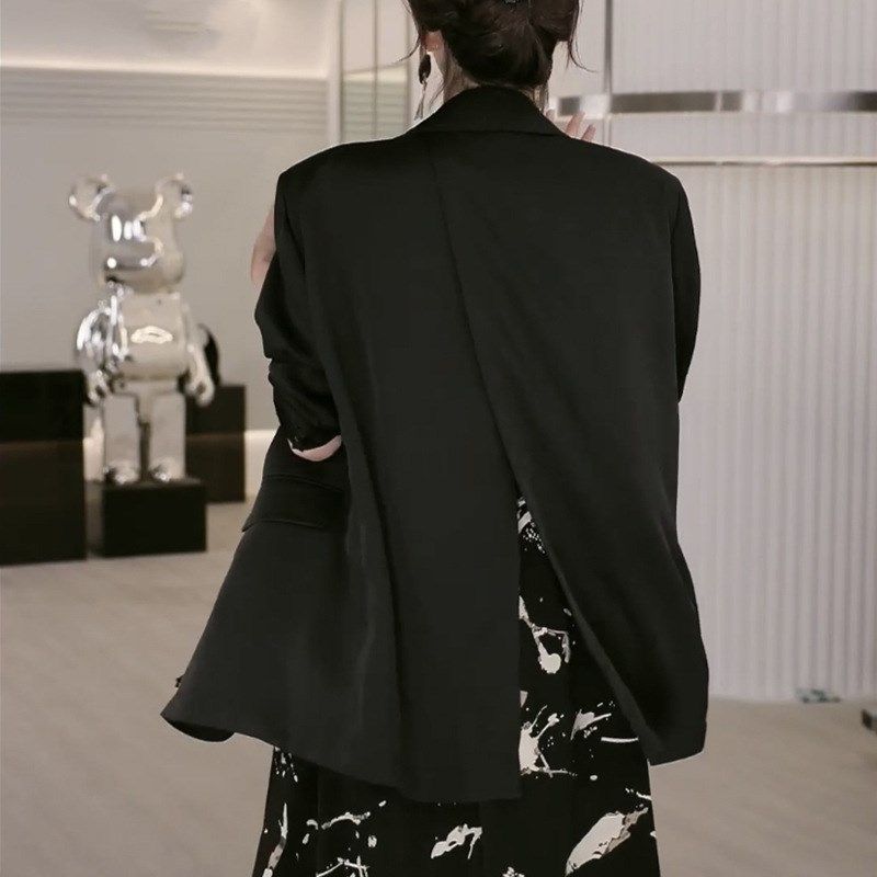 胖mm高级显瘦西装外套连衣裙两件套女大码缎面新中式吊带长裙套装