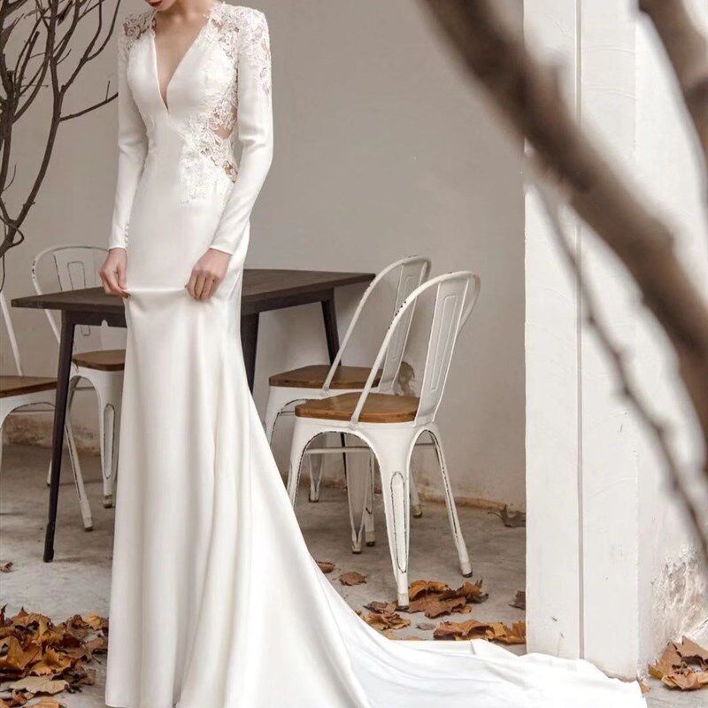 轻婚纱2022新款小众轻奢礼服显瘦新娘结婚森系旅拍鱼尾出门纱拖尾