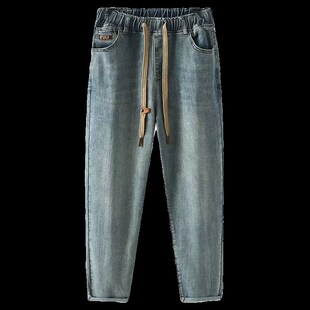 胖mm宽松显瘦休闲弹力哈伦老爹裤 女装 子 女春秋大码 松紧高腰牛仔裤