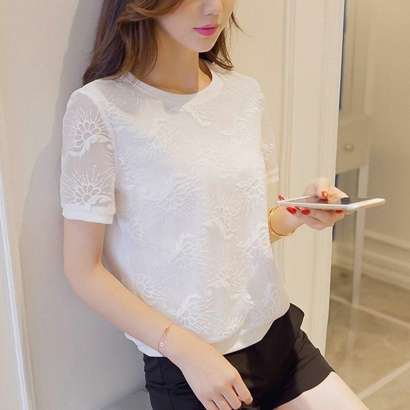 雪纺衫女2024夏装新款白色圆领t恤打底衫内搭蕾丝小衫短袖上衣棉