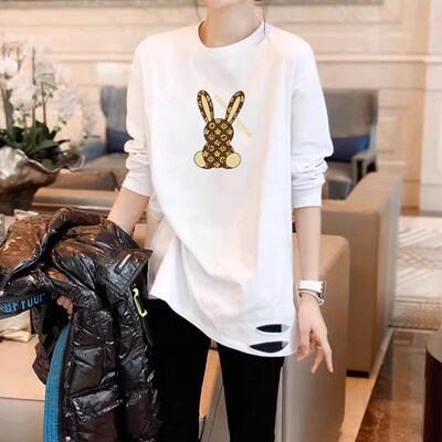 白色加绒长袖打底衫女2025秋冬新款宽松纯棉破洞内搭中长款t恤女