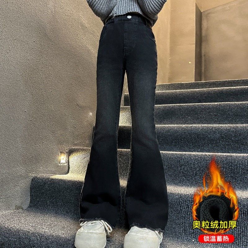 女童加绒微喇牛仔裤冬装2024新款女大童冬季一体绒儿童时髦长裤子