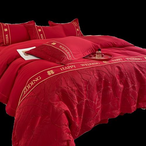 简约纯棉结婚四件套红色床单被套全棉提花新婚庆床上用品婚房陪嫁