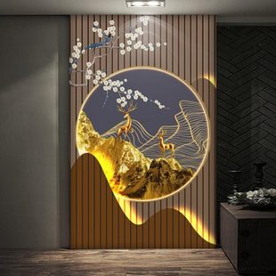 新中式 轻奢过道壁画 入户玄关装 饰画中国风花鸟客厅背景墙墙纸竖版