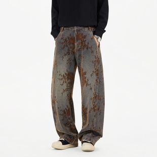 潮牌冬季新款美式复古刺绣植绒提花加厚阔腿牛仔裤男宽松直筒长裤