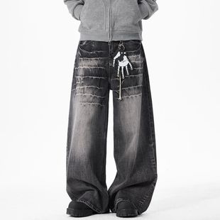 baggy设计感街头潮牌 男宽松阔腿裤 美式 高街复古闪电纹牛仔裤